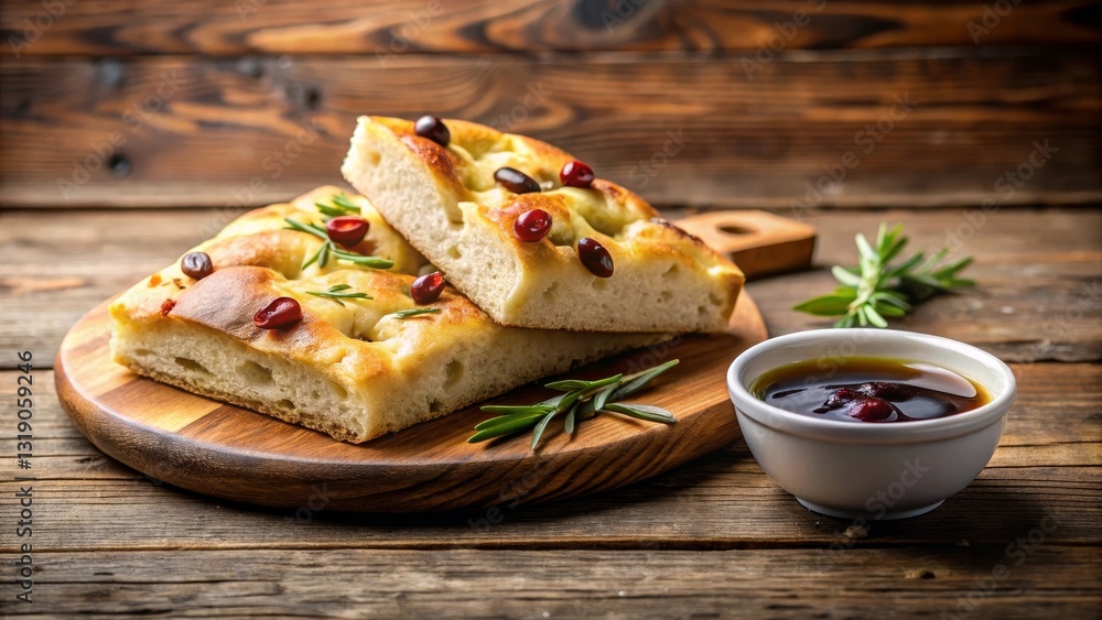 Artisan Flatbread with Pomegranate Seeds and Rosemary Sprigs, Served on Rustic Wooden Board with a Small Bowl of Oil Artisan Flatbread with Pomegranate Seeds and Rosemary Sprigs, Served on Rustic Wooden Board with a Small Bowl of Oil