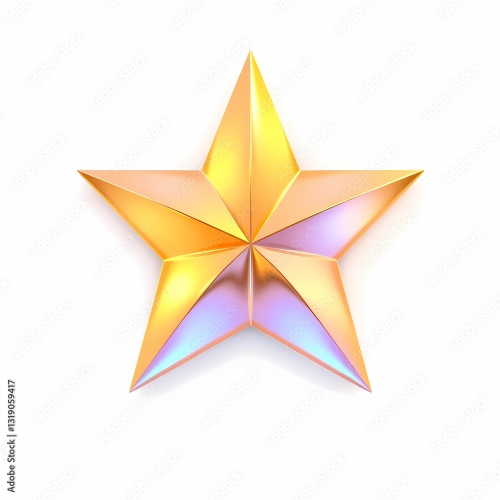 Fototapeta premium Golden Star: A radiant golden star, symbolizing ambition, achievement, and the pursuit of excellence, shines bright against a clean, minimalist backdrop. Its iridescent surface reflects the light.
