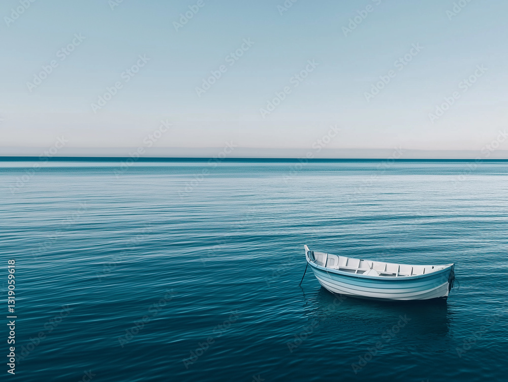 Naklejka premium Serene Boat on the Sea – Tranquil Waters in Soft Teal, Icy Blue, and Deep Green Hues