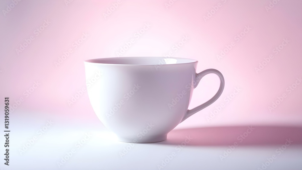 A simple white cup with a handle set against a soft pink background. Concept Minimalist Design, Soft Color Palette, Product Photography, Cup Aesthetics, Background Contrast A simple white cup with a handle set against a soft pink background. Concept Minimalist Design, Soft Color Palette, Product Photography, Cup Aesthetics, Background Contrast