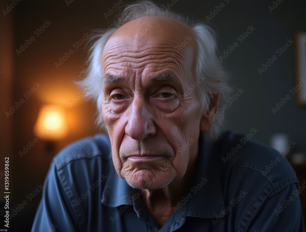 Obraz premium Portrait of thoughtful senior man looking concerned in dimly lit room