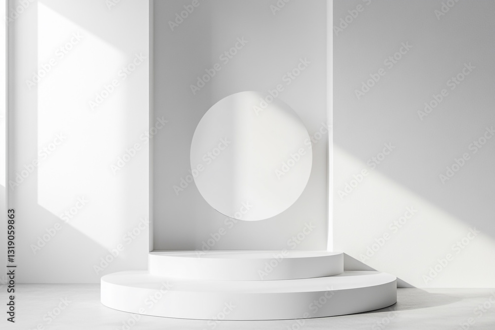 Fototapeta premium Modern minimalist white studio product display platform clean stage light scene round shape empty