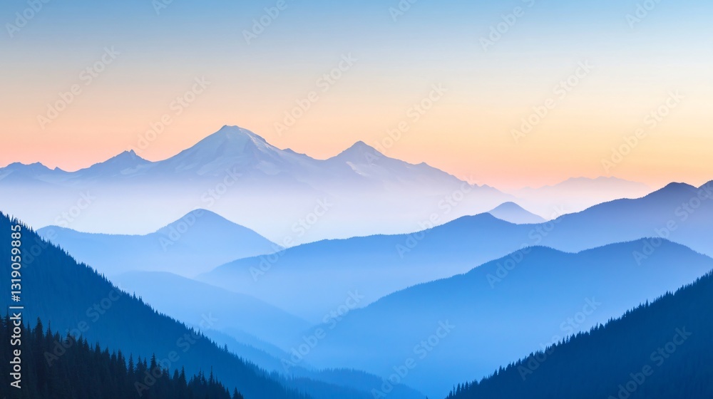 Fototapeta premium Serene mountain landscape at dawn, soft blue hues, misty valleys, peaceful ambiance, ideal for nature themes or backgrounds.