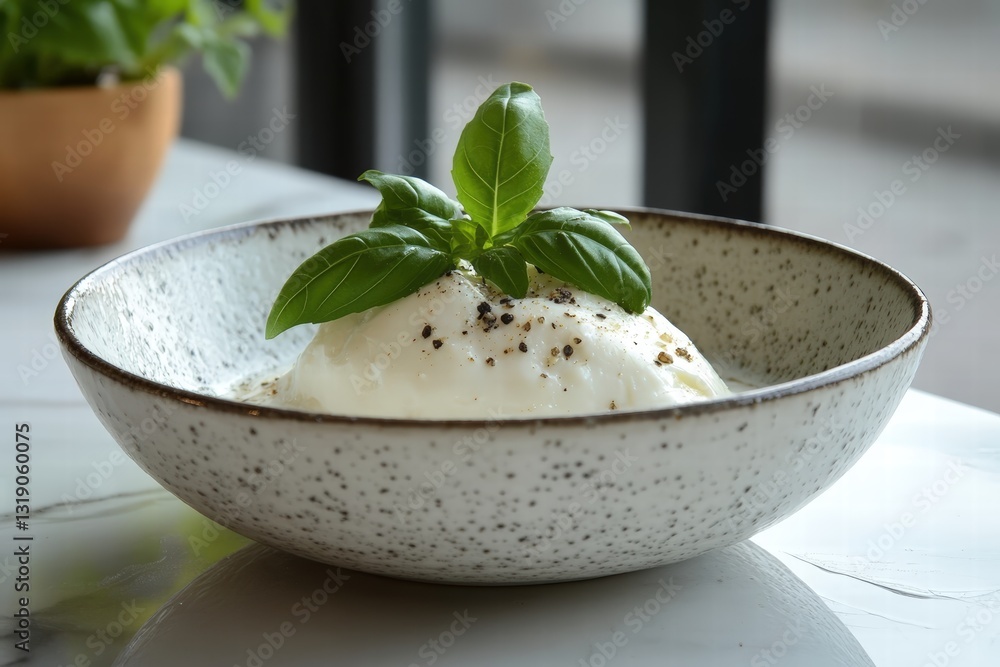 Burrata cheese paired with aromatic basil, displayed on a shiny white tile surface with a contrasting black pepper sprinkle Burrata cheese paired with aromatic basil, displayed on a shiny white tile surface with a contrasting black pepper sprinkle
