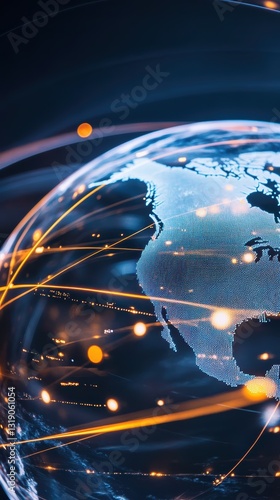 Glassy transparent world globe with illuminated trade route lines, modern supply chain networks