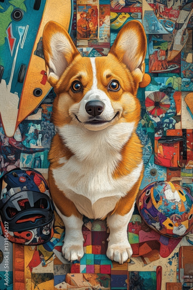 Charming corgi with big eyes seated on a colorful mat, surrounded by assorted sports gear