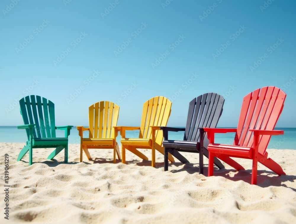 Vibrant Adirondack Chairs Lined Up on Sandy Beach Vibrant Adirondack Chairs Lined Up on Sandy Beach