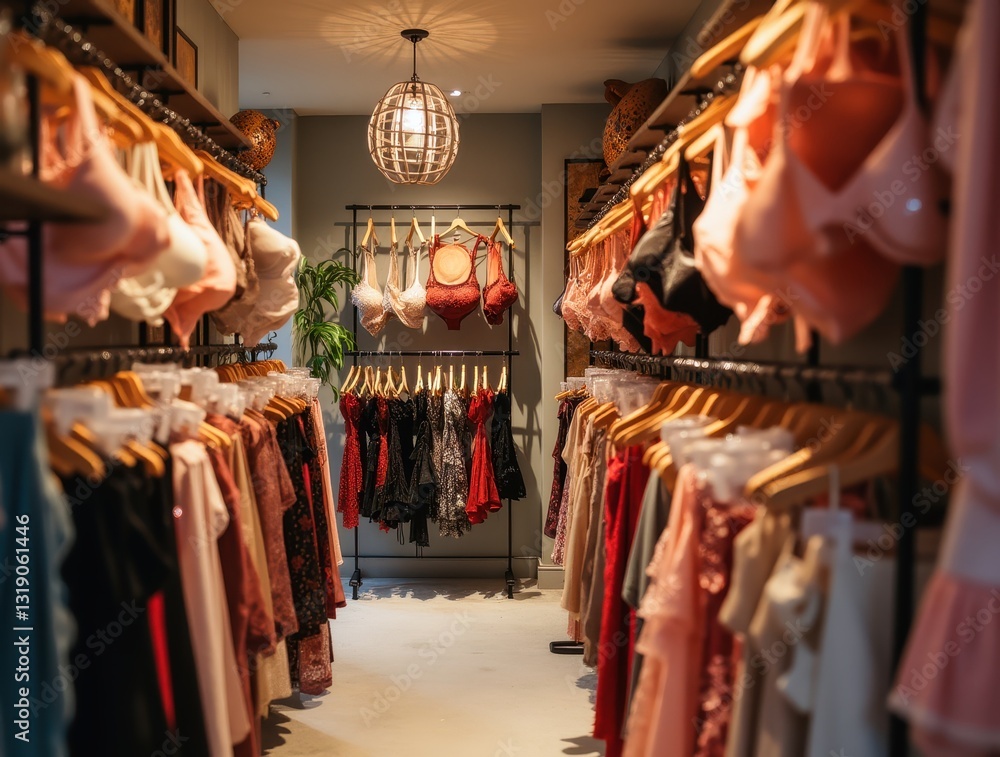 Fototapeta premium Lingerie and elegant dresses hanging in a fashion store