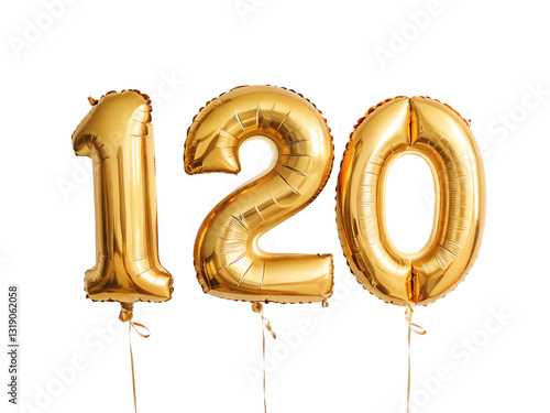 120 Number Shiny Gold Balloon, Celebratory Foil Balloon Decoration. isolated on transparent background, Helium balloons font.