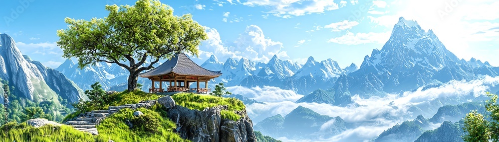 A serene landscape featuring a gazebo on a mountain peak, surrounded by lush greenery and breathtaking views of distant mountains. A serene landscape featuring a gazebo on a mountain peak, surrounded by lush greenery and breathtaking views of distant mountains.