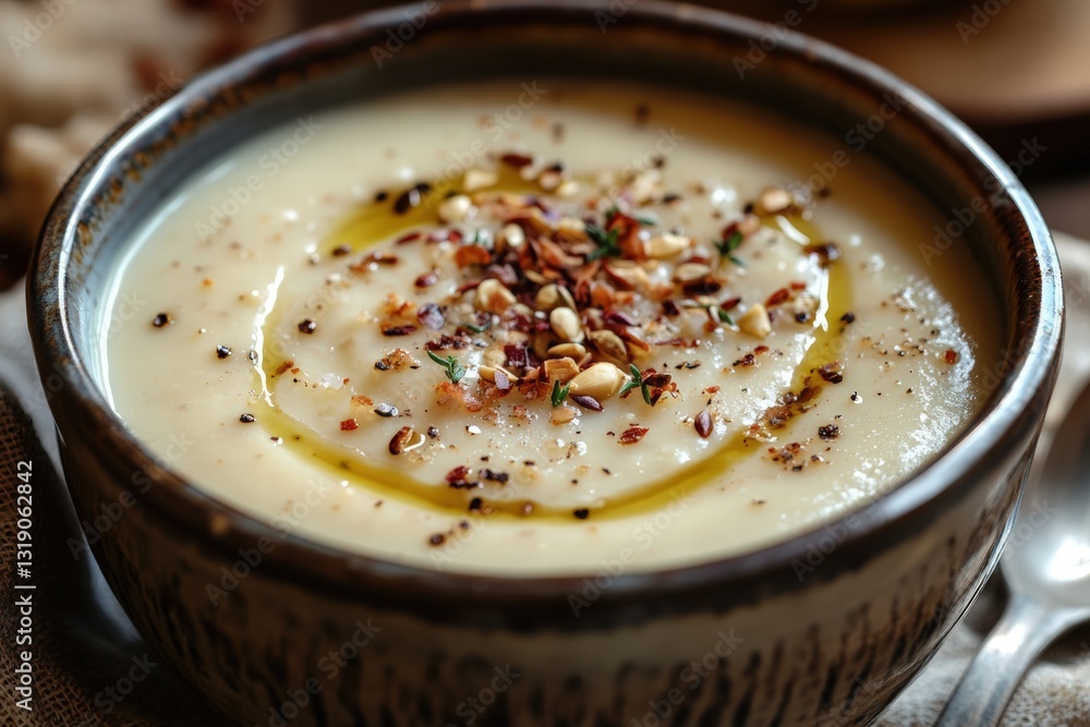 creamy Jerusalem artichoke soup in a handmade ceramic bowl, with a drizzle of olive oil and a sprinkle of toasted seeds