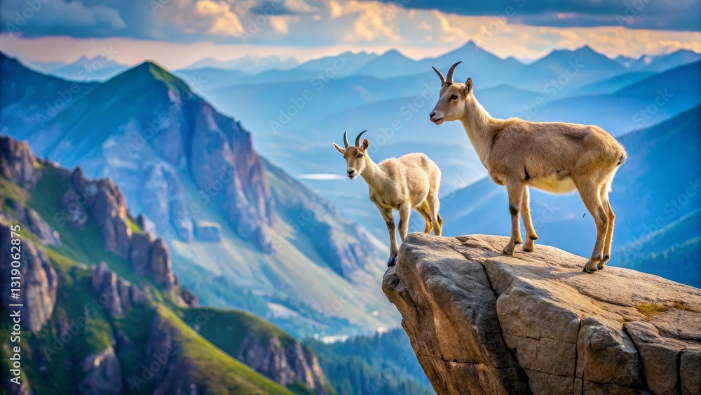 Majestic Mountain Goats Perched on a Rocky Outcrop, Surveying a Panoramic Vista of Serene Peaks Majestic Mountain Goats Perched on a Rocky Outcrop, Surveying a Panoramic Vista of Serene Peaks