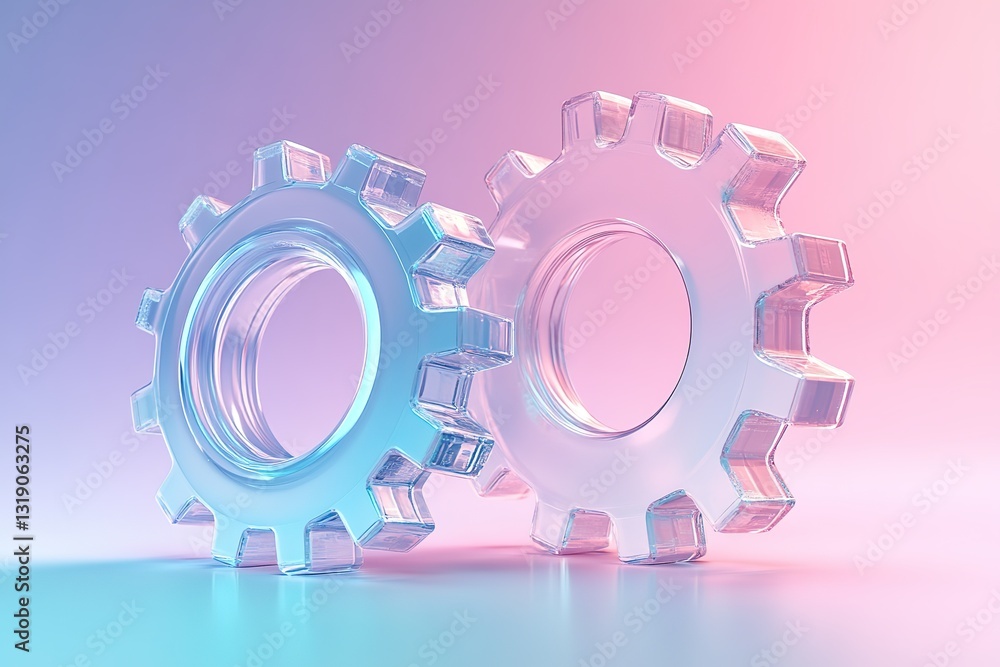 Two 3d transparent gears with a glass morphism effect, symbolizing technology, floating against a gradient background, Full HD, 32k Resolution Two 3d transparent gears with a glass morphism effect, symbolizing technology, floating against a gradient background, Full HD, 32k Resolution