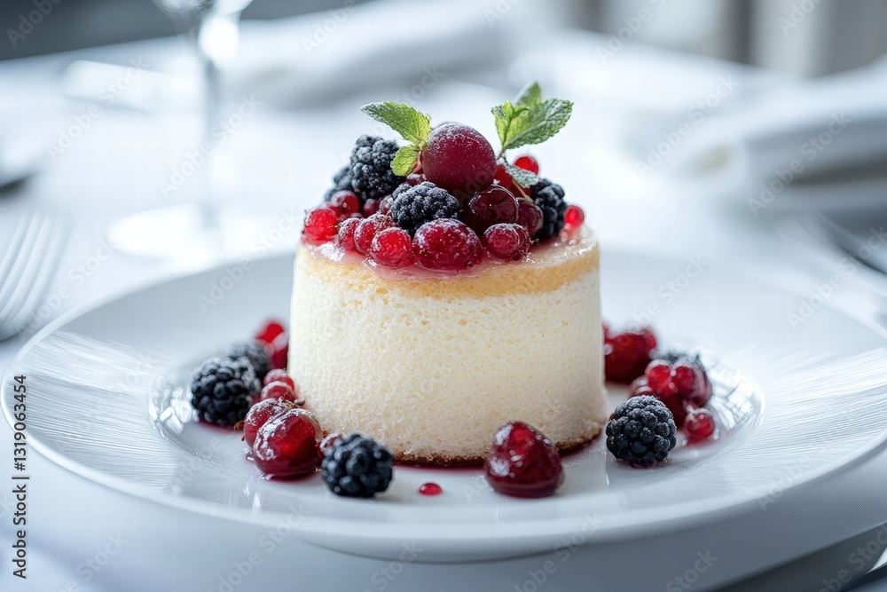 sponge cake roll on a white plate, adorned with an assortment of fresh berries sponge cake roll on a white plate, adorned with an assortment of fresh berries