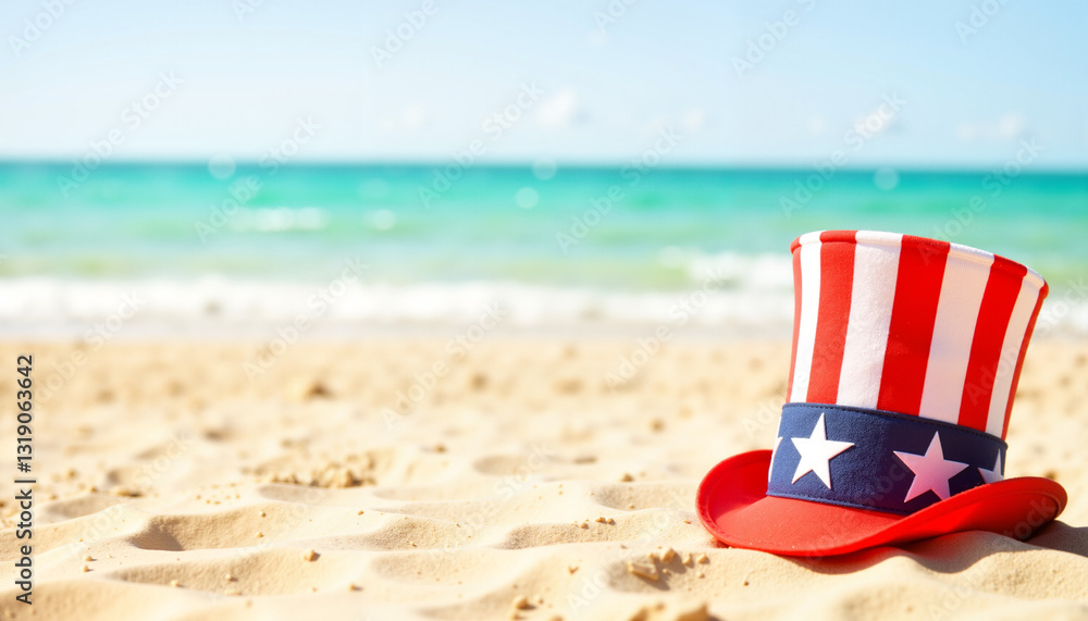 Naklejka premium Uncle Sam hat resting on sandy beach with ocean waves, summer fun
