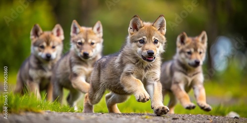 Canvas Print Playful Wolf Pups Bounding Through Lush Green Foliage, Exuding Untamed Energy an
