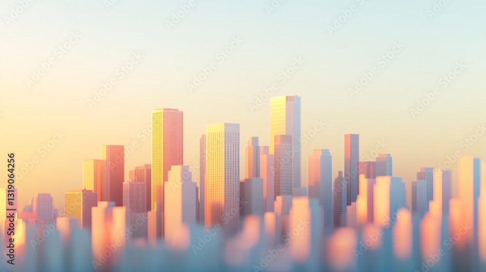 Obraz premium Modern skyline at sunset, vibrant urban architecture with colorful hues, perfect for showcasing city life and ambiance.