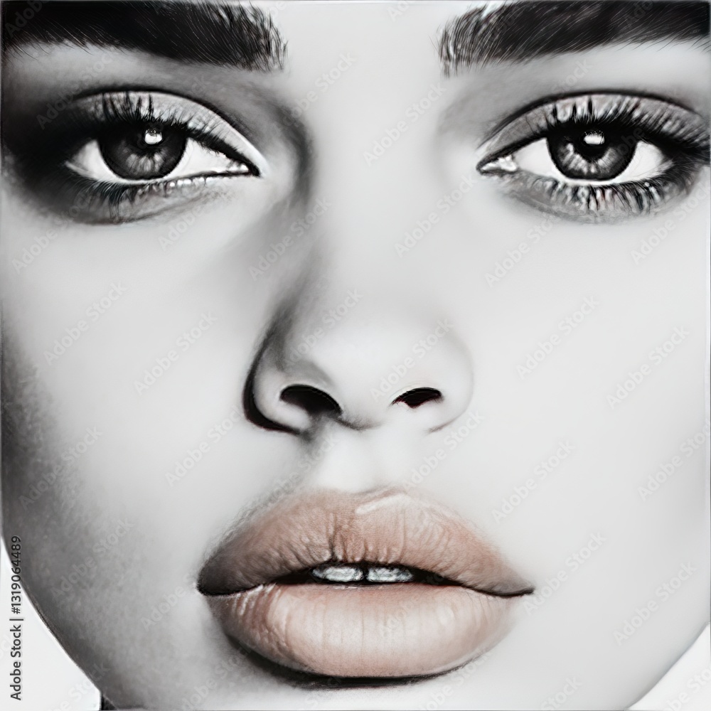 Fototapeta premium High contrast black and white beauty portrait of a woman with sharp facial features, intense gaze, and perfect skin showcasing classic elegance and timeless appeal