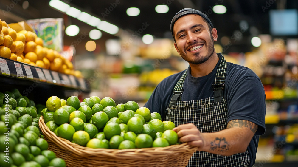 Fototapeta premium Happy grocer holding basket of fresh limes in supermarket man food fruit green store sales retail