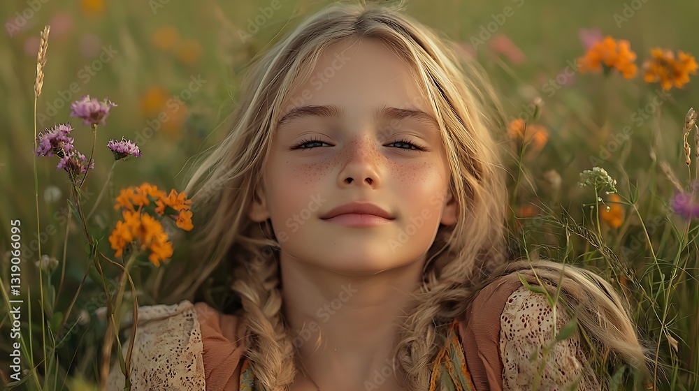 Naklejka premium Adorable Blonde Girl in Summer Wildflower Meadow