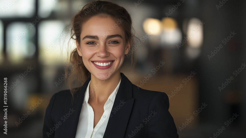 Confident young woman in a business suit, radiant smile, sleek modern background Confident young woman in a business suit, radiant smile, sleek modern background