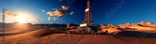A striking desert landscape featuring a drilling rig at sunrise, contrasting the machinery against the natural beauty of sand dunes.