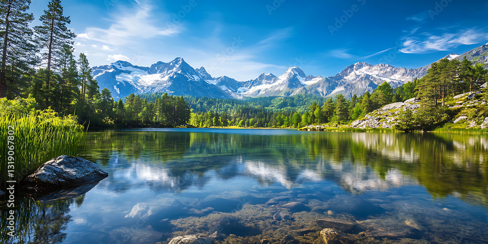 Fototapeta premium Crystal-Clear Lake Reflecting a Mountain Range Under a Starry Sky for Serene Landscapes, Peaceful Nights, or Majestic Views