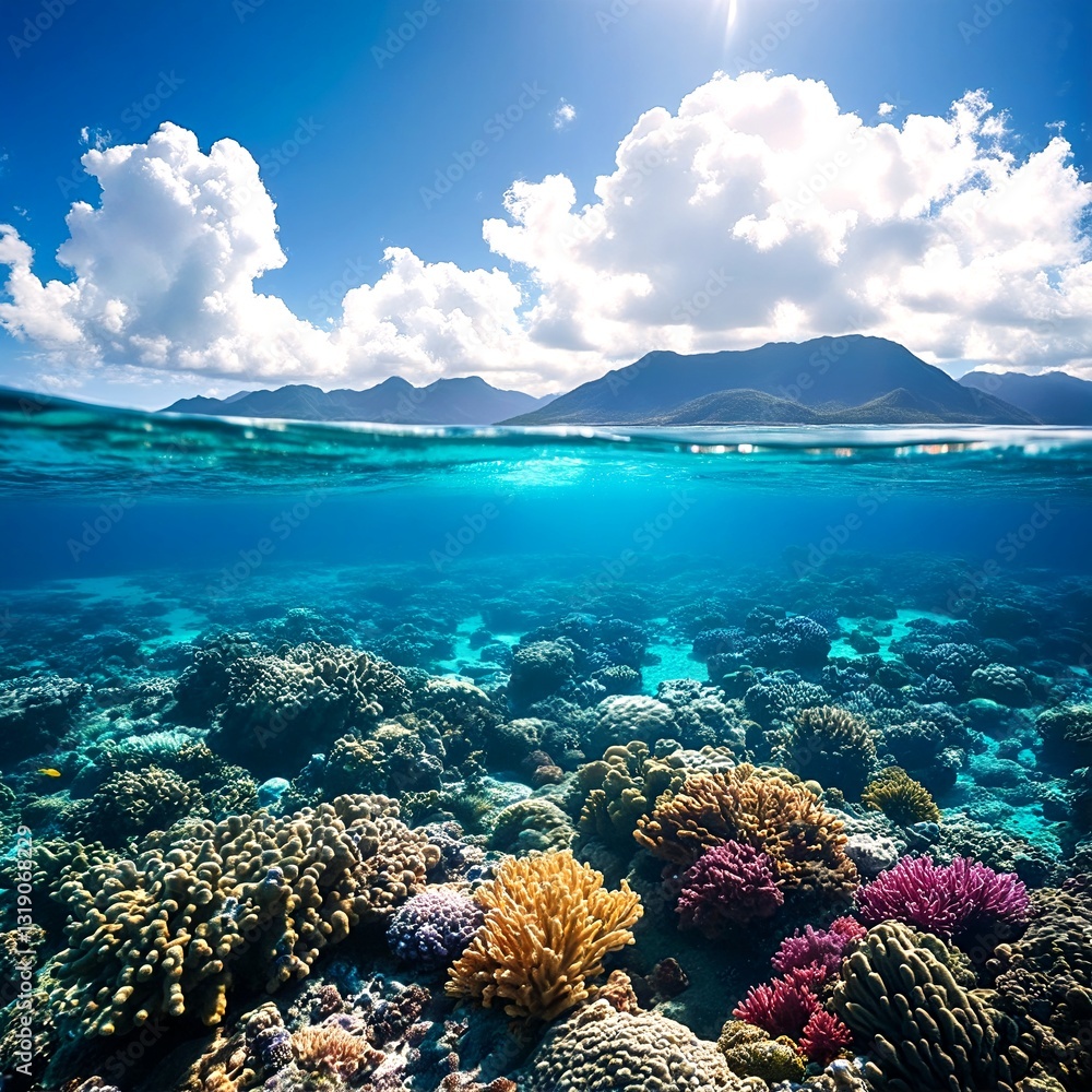 coral reefs and ocean waters under a blue sky with clouds. coral reefs and ocean waters under a blue sky with clouds.