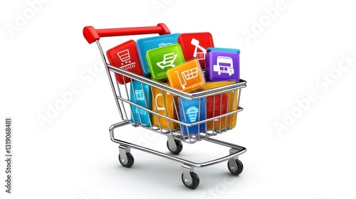 Online Shopping Cart with Colorful App Icons: A 3D Render of a Shopping Cart Filled with Vibrant Application Icons Representing Diverse E-Commerce Products and Services