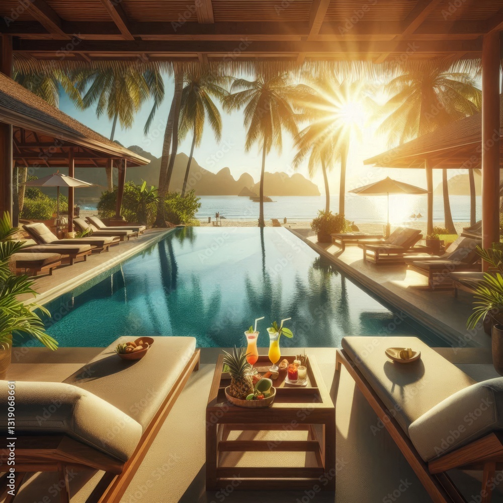Fototapeta premium Tropical Resort Luxury Scenic Pool with Sun Loungers Overlooking the Ocean and a Beautifully Lit Sunset Sky