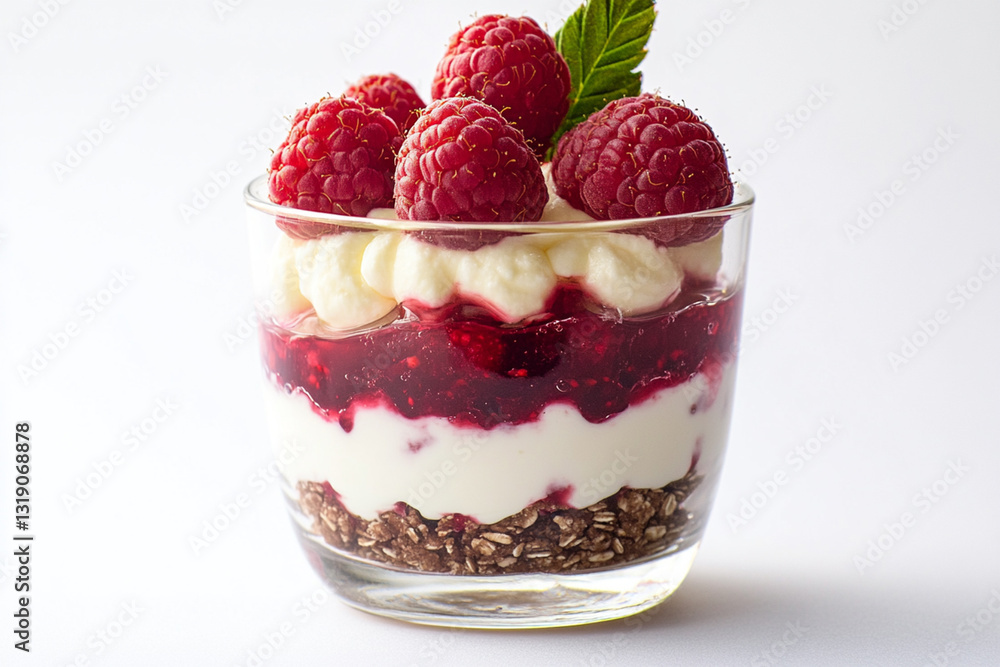 Yogurt dessert with raspberries in a glass cup, on a white background Yogurt dessert with raspberries in a glass cup, on a white background