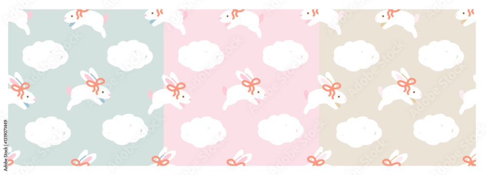 Set of Bunnies on Clouds Seamless Patterns in Pastels Colours Set of Bunnies on Clouds Seamless Patterns in Pastels Colours