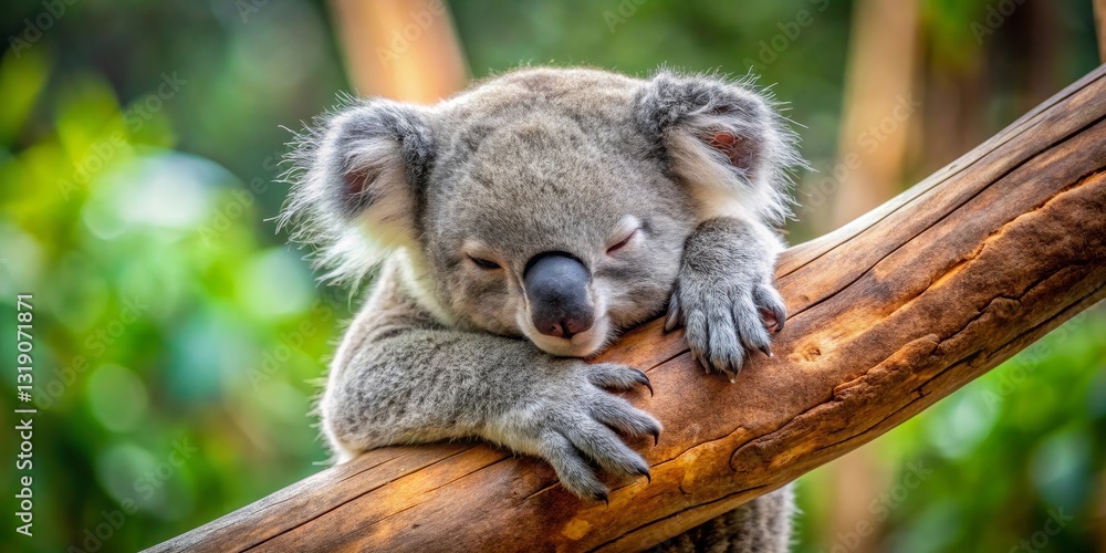 Fototapeta premium Adorable Koala Bear Napping Peacefully on a Tree Branch in a Lush Green Forest