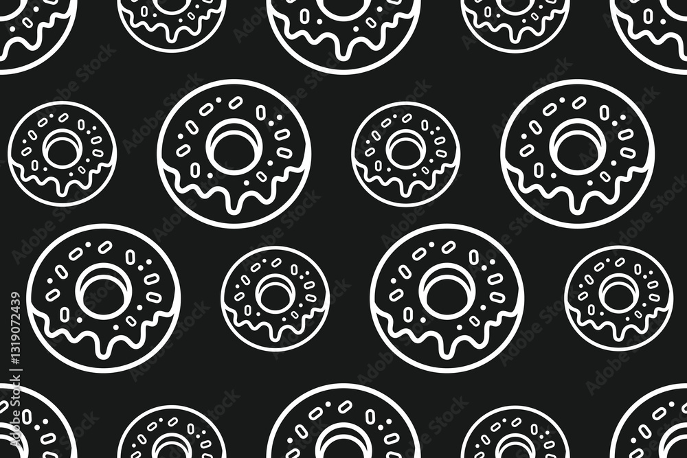 Seamless White Donut Outline Pattern on Black Background Seamless White Donut Outline Pattern on Black Background
