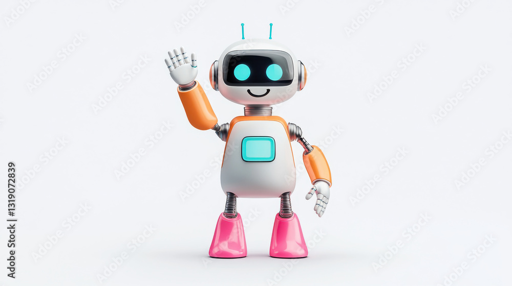 Friendly robot character waving in a modern, playful design. isolated on white background. Friendly robot character waving in a modern, playful design. isolated on white background.