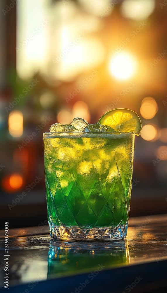 artisan midori sour cocktail in glass with ice at a bar on the beach artisan midori sour cocktail in glass with ice at a bar on the beach