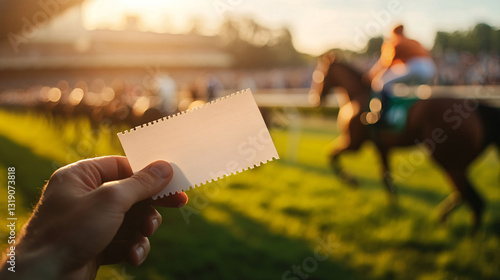 Hand Holding Ticket at Vibrant Horse Racing Event with Spectators