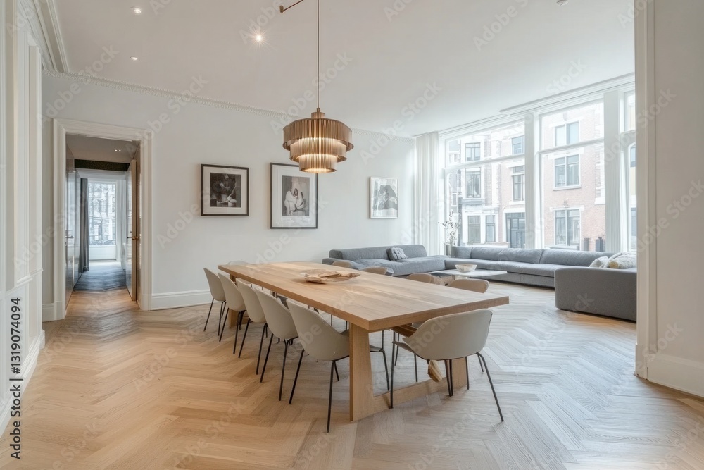 Modern dining room with herringbone floors, large windows, and comfortable seating area. Modern dining room with herringbone floors, large windows, and comfortable seating area.