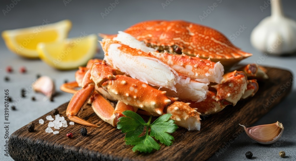Fresh cooked crab legs on wooden board with herbs and spices Fresh cooked crab legs on wooden board with herbs and spices