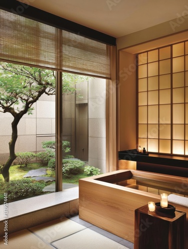 A serene spa interior featuring wooden elements, soft lighting, and a view of a tranquil garden through large windows.
