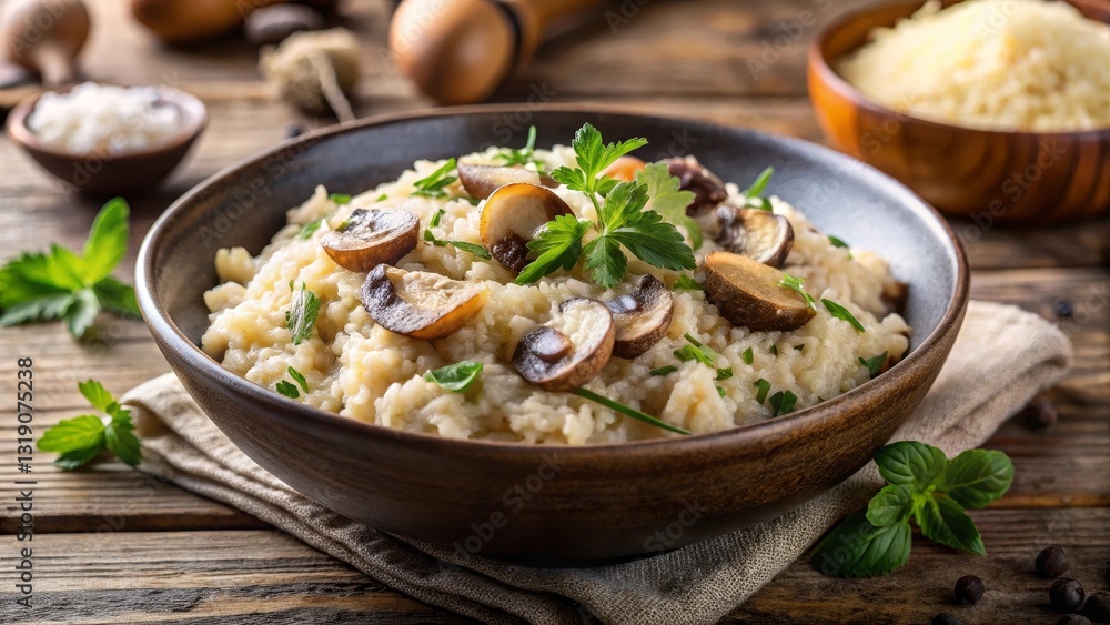 Creamy Mushroom Risotto in a Rustic Bowl, Garnished with Fresh Herbs and Served on a Wooden Table Creamy Mushroom Risotto in a Rustic Bowl, Garnished with Fresh Herbs and Served on a Wooden Table