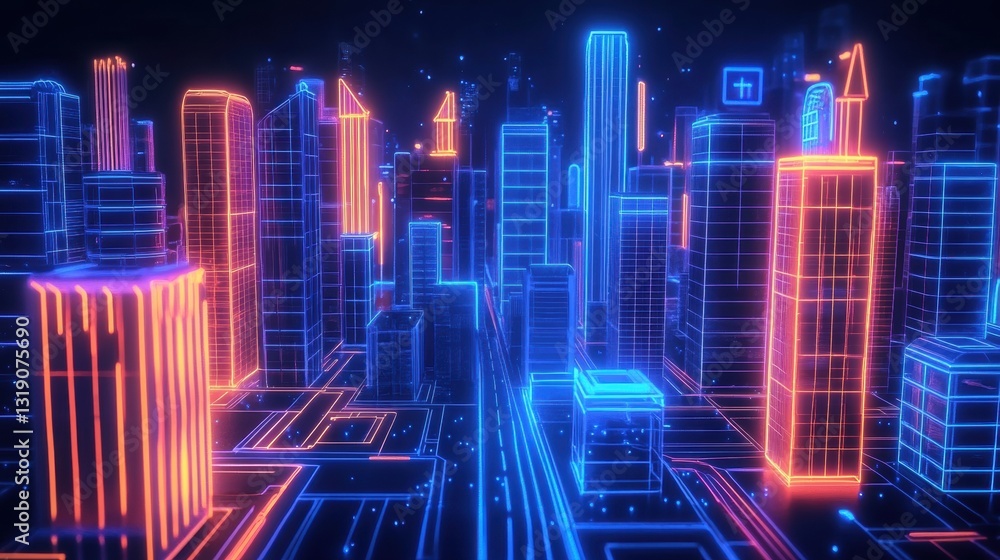 A futuristic cityscape illuminated by neon lights. A futuristic cityscape illuminated by neon lights.