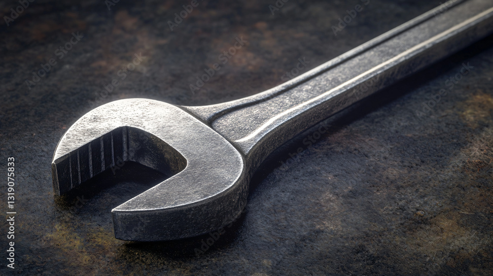 Close-up of a Steel Wrench on a Rustic Metal Surface Background Close-up of a Steel Wrench on a Rustic Metal Surface Background