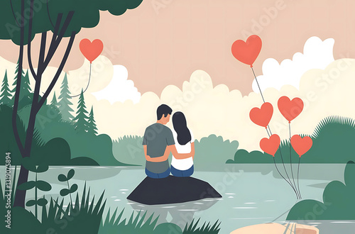 Wallpaper Mural Romantic couple sitting together near calm lake view Torontodigital.ca