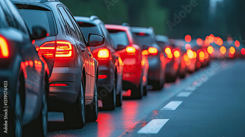 Traffic Congestion in the Evening With Numerous Vehicles Lined up on a Wet Road Under Dim Lighting Conditions