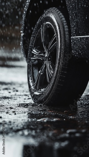 Wallpaper Mural Dramatic close up of a wet car tire in puddles, highlighting contrast with shimmering water Torontodigital.ca