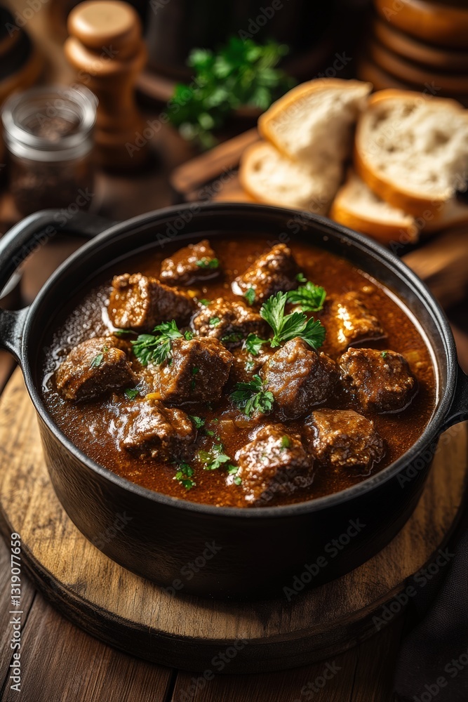 warming pot of Hungarian goulash on a wooden table, garnished with sprigs of fresh parsley and a side of crusty bread warming pot of Hungarian goulash on a wooden table, garnished with sprigs of fresh parsley and a side of crusty bread