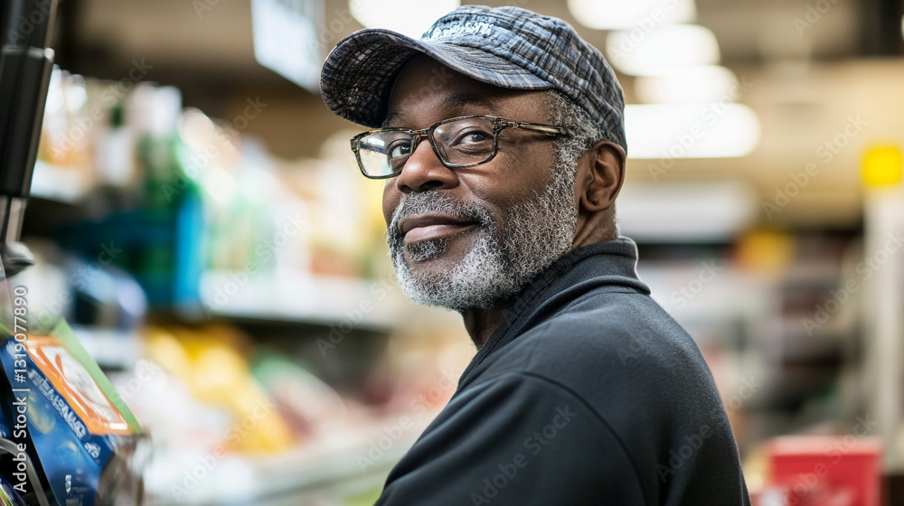 Smiling senior man shopping grocery store happy customer cap male gray food beard black aisle retail Smiling senior man shopping grocery store happy customer cap male gray food beard black aisle retail