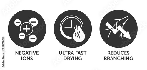 Hair Dryer icons - Reduces branching, Negative ions, Ultra fast drying