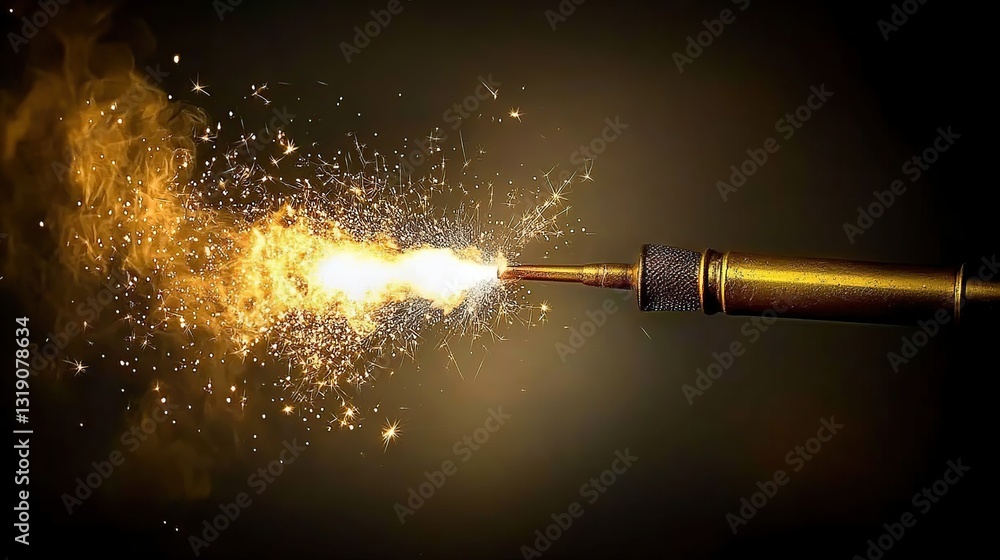 Fototapeta premium Golden torch ignites sparks, dark studio backdrop, industrial use